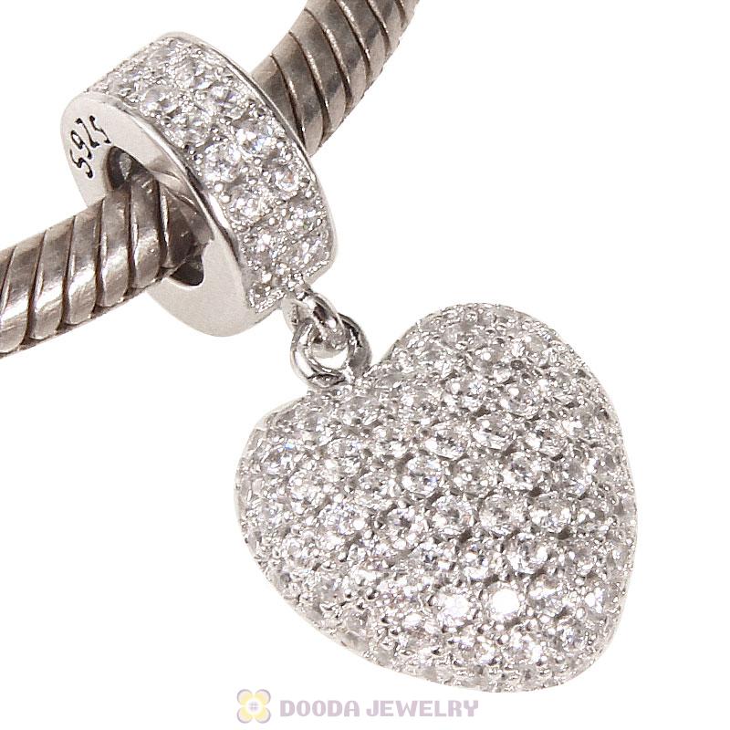 925 Sterling Silver Love Heart Dangle Bead with Pave Clear Cz