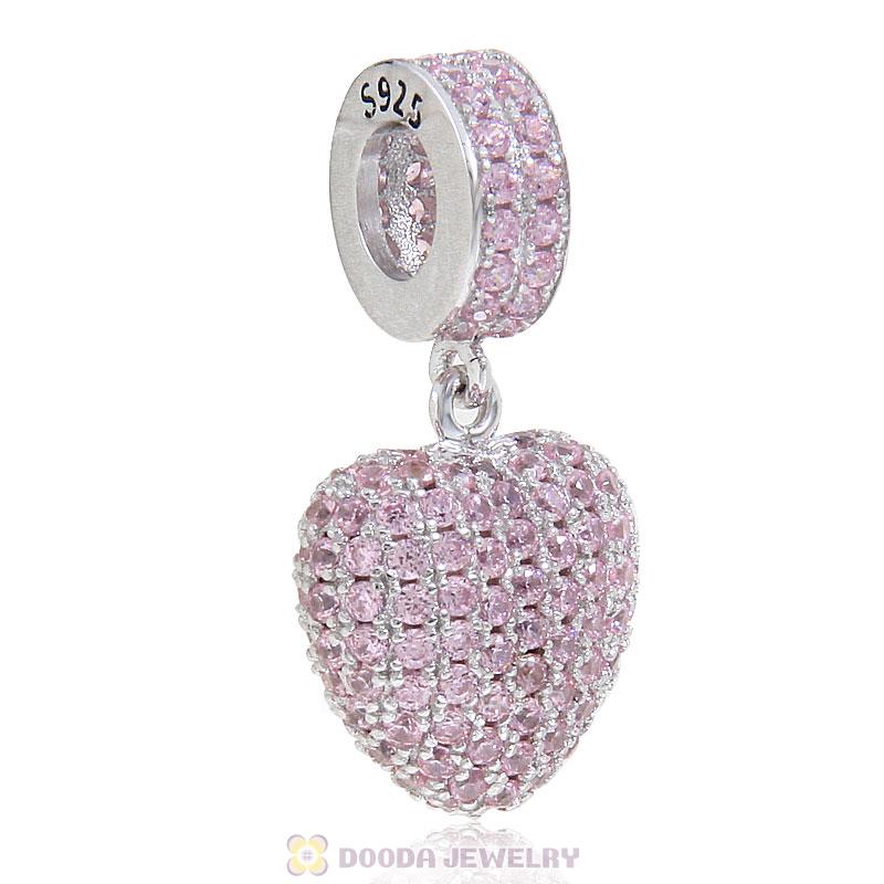 925 Sterling Silver Love Heart Dangle Bead with Pave Pink Cz