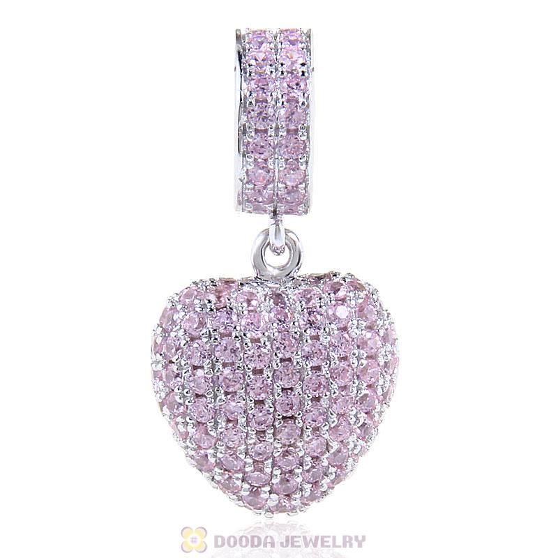 925 Sterling Silver Love Heart Dangle Bead with Pave Pink Cz