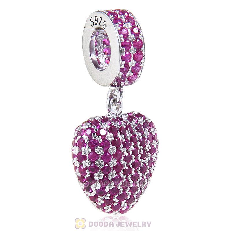 925 Sterling Silver Love Heart Dangle Bead with Pave Fuchsia Cz