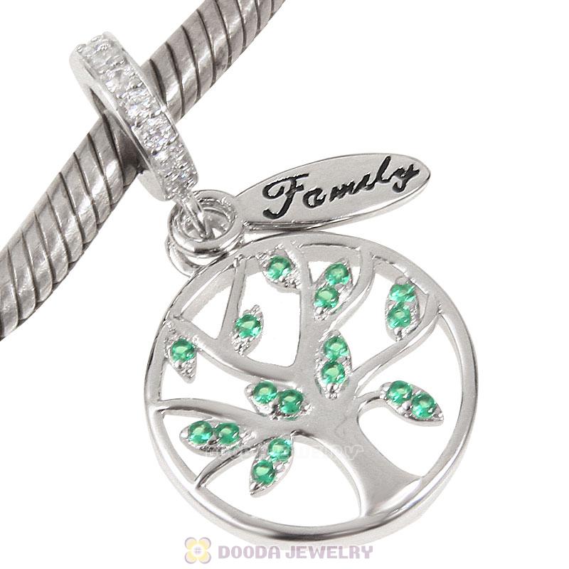 925 Sterling Silver Family Tree Dangle with Green CZ Charm