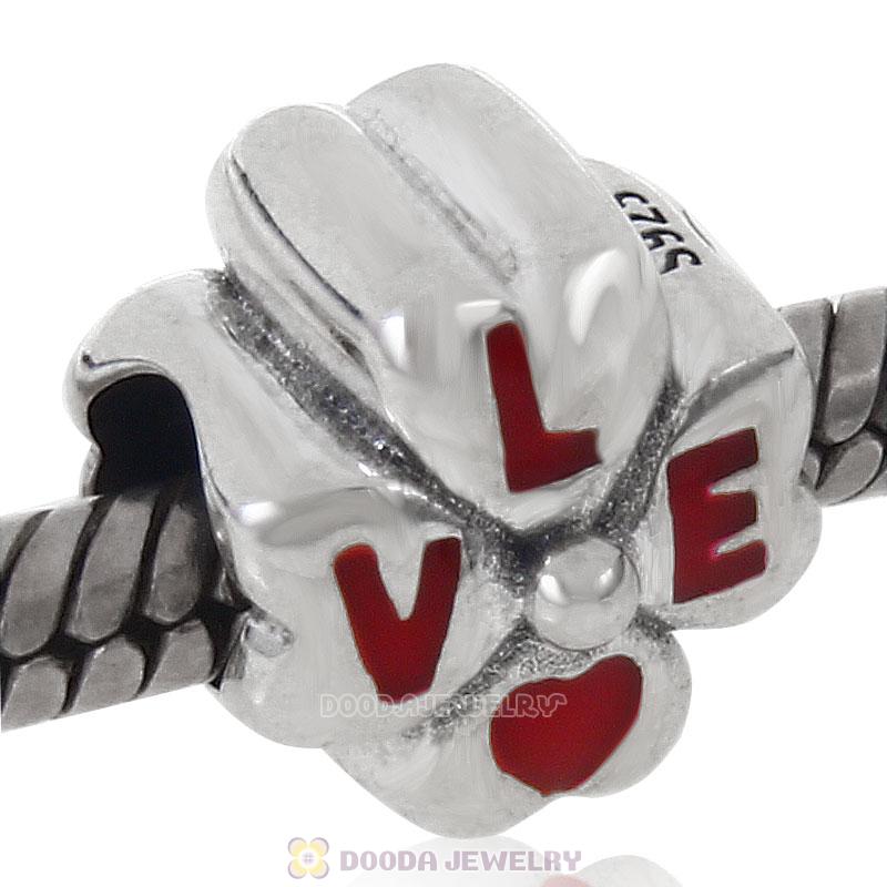 925 Sterling Silve Love Four Leaf Clover Bead with Red Enamel
