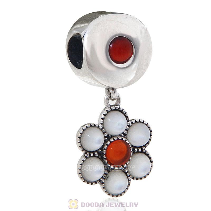 925 Sterling Silver Red Agate Dangle Flower Bead