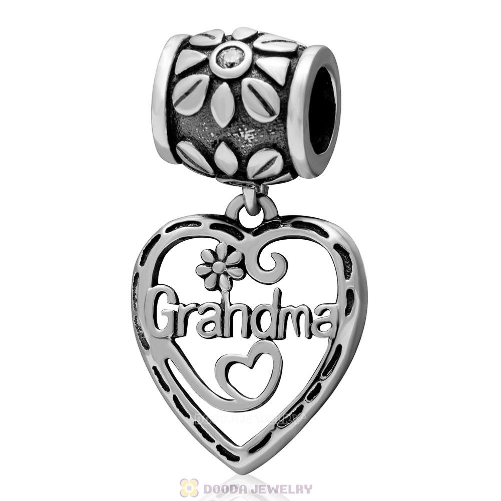  Heart Shape 925 Sterling Silver Love Grandma Pendant Charm with Clear Stone