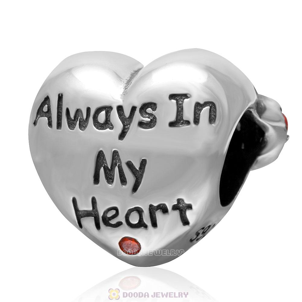 925 Sterling Silver Always in my Heart Charm with Stone