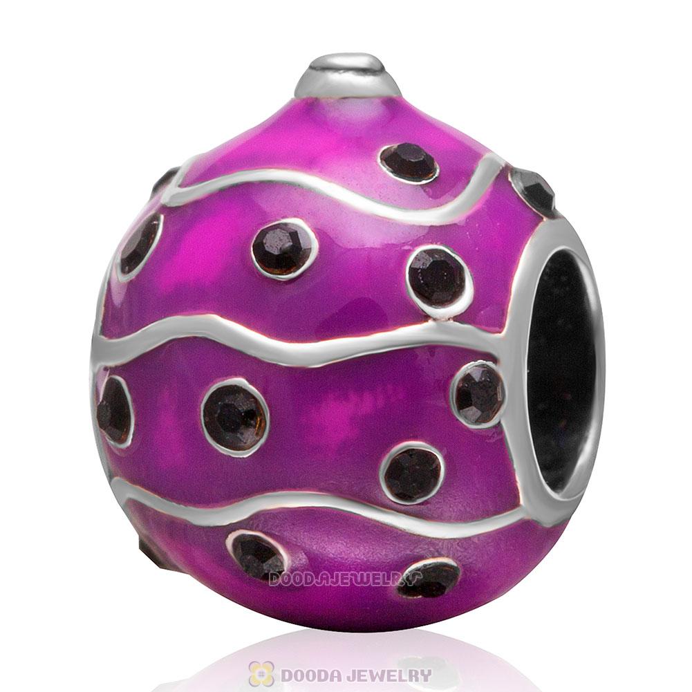 925 Sterling Silver Merry Christmas Ball Enamel Charm Bead with Jet Crystal