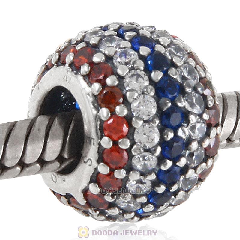 925 Sterling Silver Red White and Blue Cz Birthstone Bead