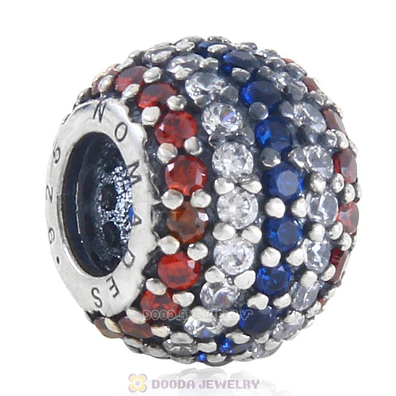 925 Sterling Silver Red White and Blue Cz Birthstone Bead