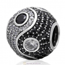 925 Sterling Silver Pave Yin Yang Charm Bead with Black and White Stone