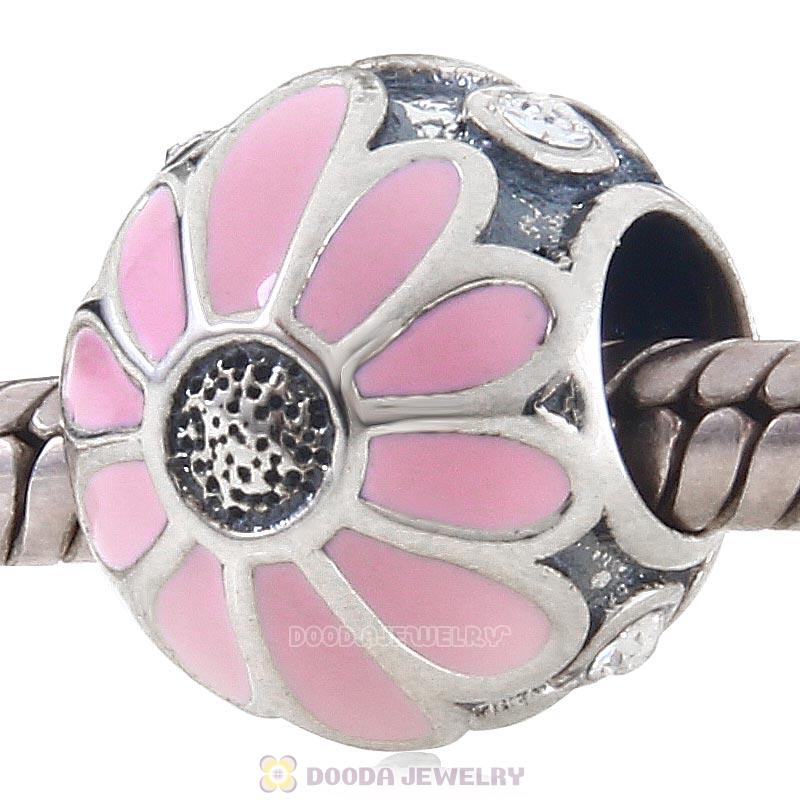 925 Sterling Silver Pink Daisy Flower Charm Bead with Clear Crystal