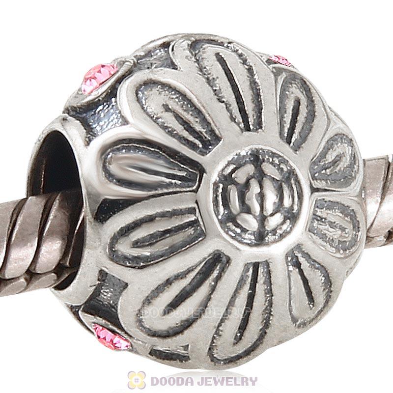 925 Sterling Silver Pink Daisy Flower Charm Bead with Pink Crystal