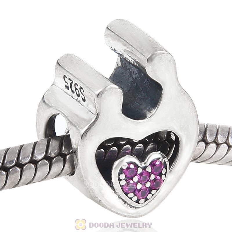 925 Sterling Silver Mother Child Love Charm with Fuchsia Stone