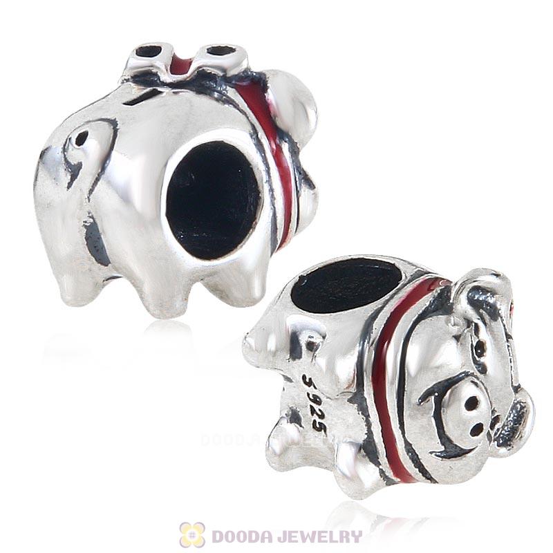 925 Sterling Silver Cute Pig with Red Bow Charm Bead 