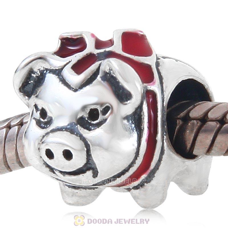 925 Sterling Silver Cute Pig with Red Bow Charm Bead 