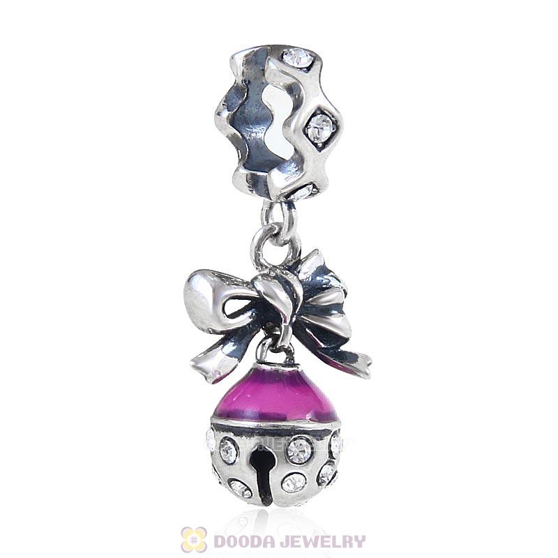 925 Sterling Silver Merry Christmas Bell Enamel Charm with Clear Crystal