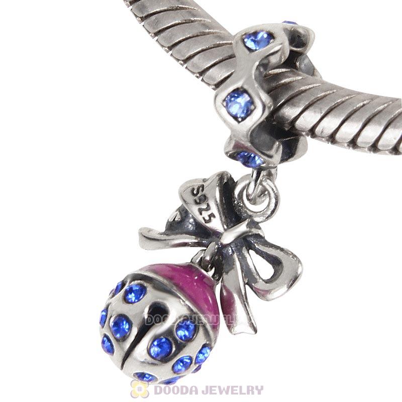 925 Sterling Silver Merry Christmas Bell Enamel Charm with Sapphire Crystal