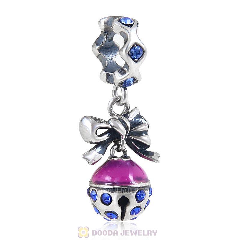 925 Sterling Silver Merry Christmas Bell Enamel Charm with Sapphire Crystal