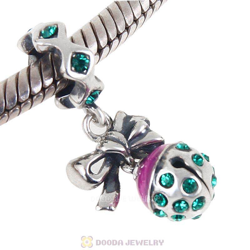 925 Sterling Silver Merry Christmas Bell Enamel Charm with Emerald Crystal