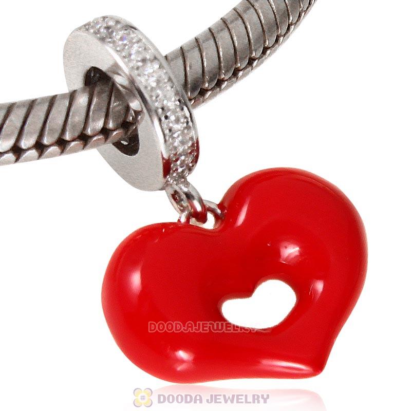925 Sterling Silver Red Lip Love Kiss Dangle Heart Charm