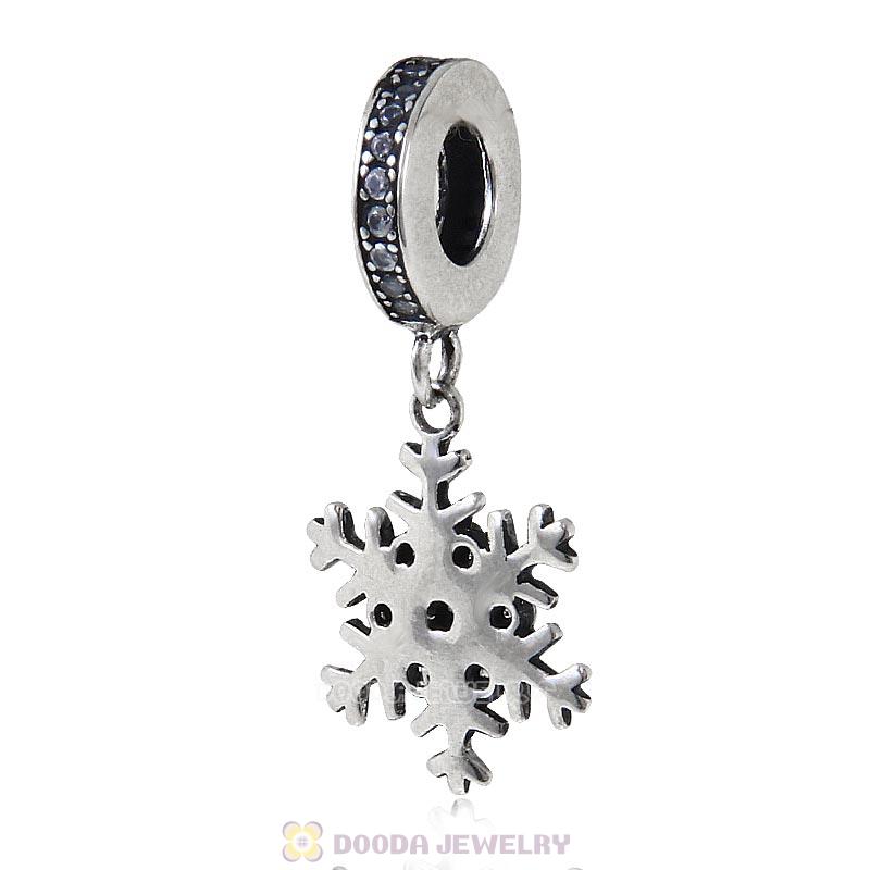 925 Sterling Silver Winter Snowflake Dangle Charm with Clear Cz