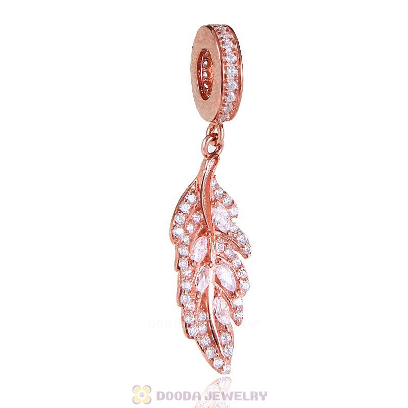 925 Sterling Silver Rose Gold Charm Feather Dangle Pendant