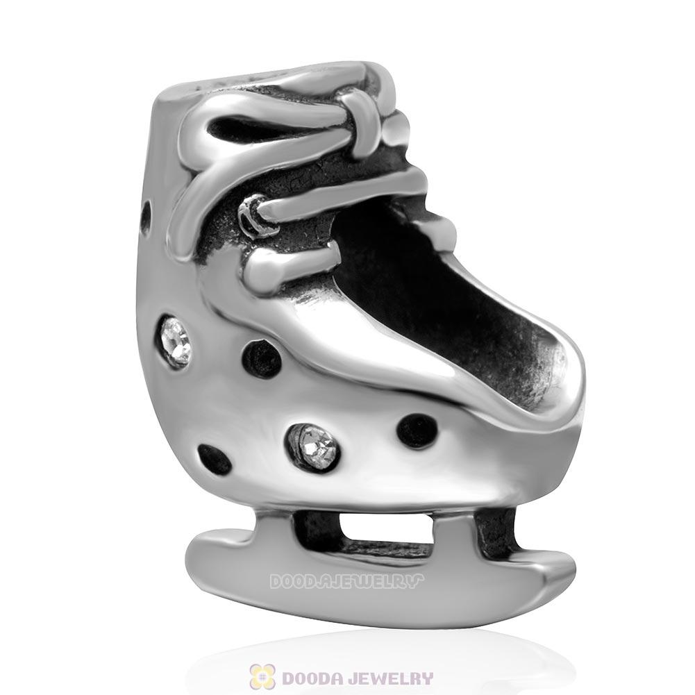 925 Sterling Silver Ski Boot European Charm Bead with Clear Crystal