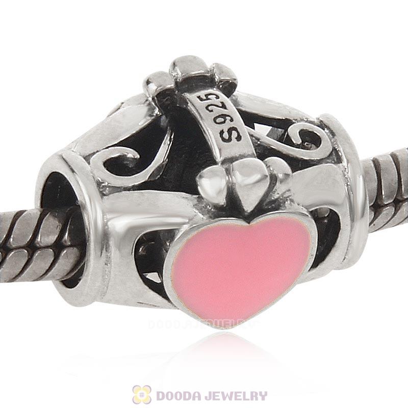 Hand Holding Love Charm 925 Sterling Silver Pink Enamel Bead