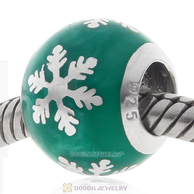 925 Sterling Silver Xmas Frozen Snowflake Bead with Green Enamel