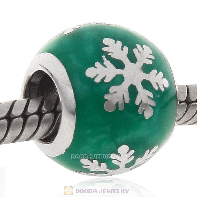 925 Sterling Silver Xmas Frozen Snowflake Bead with Green Enamel