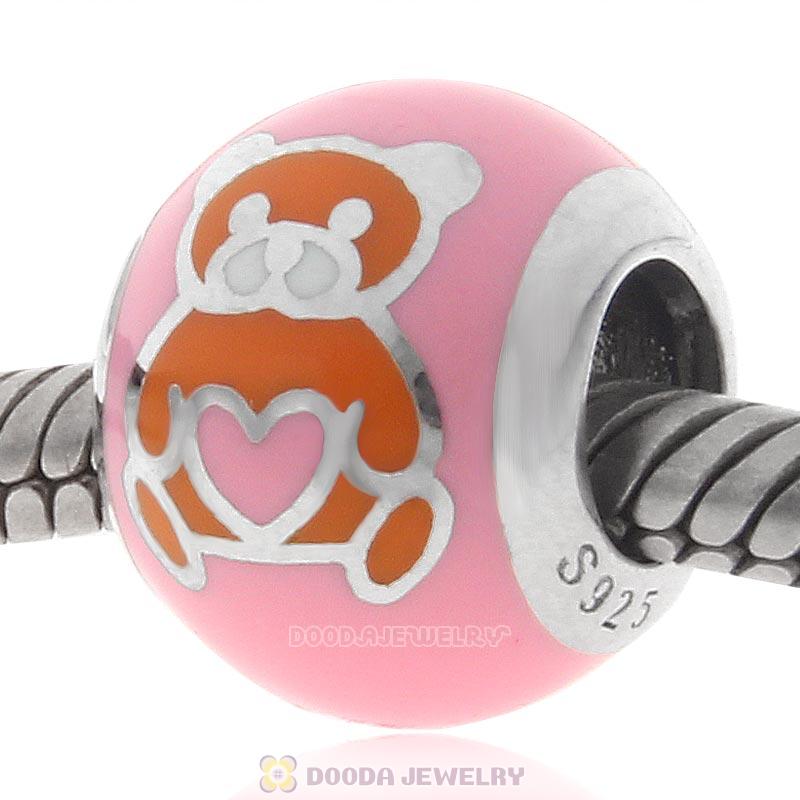 925 Sterling Silver Bear Love Charm Pink Bead