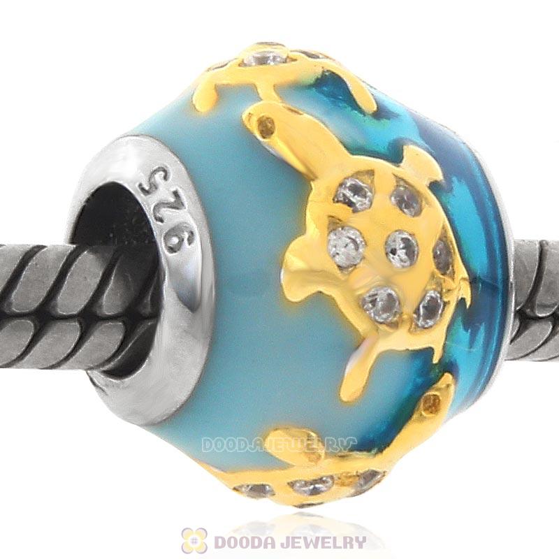 925 Sterling Silver Turtle on Blue Sea Charm Bead