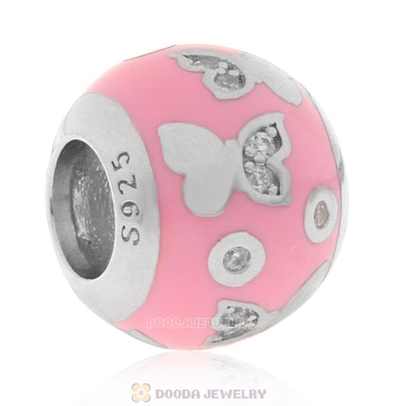 925 Sterling Silver Pink Enamel Butterfly Charm Bead