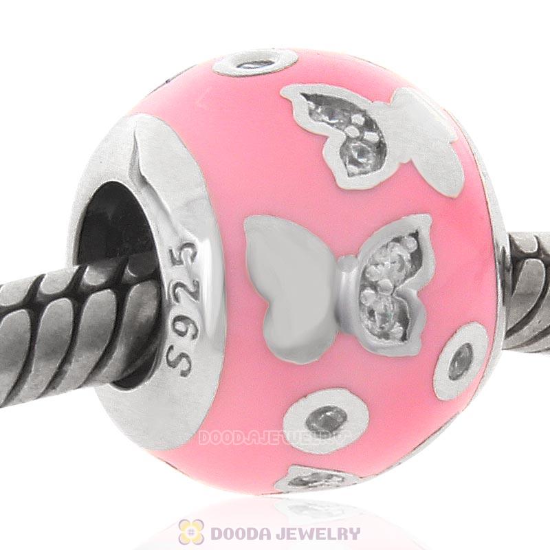 925 Sterling Silver Pink Enamel Butterfly Charm Bead
