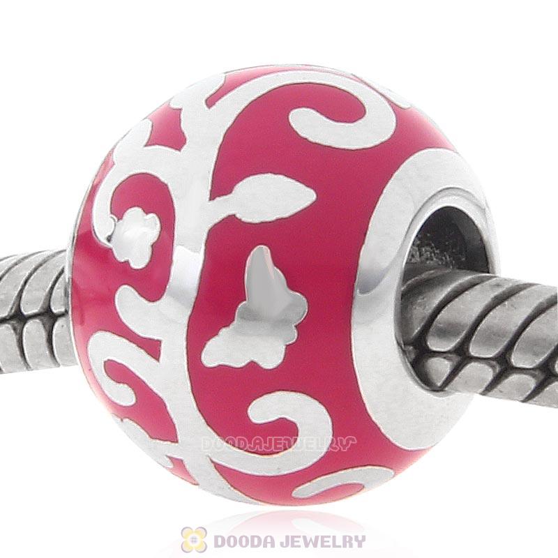 925 Sterling Silver European Style Swirl Red Enamel Bead