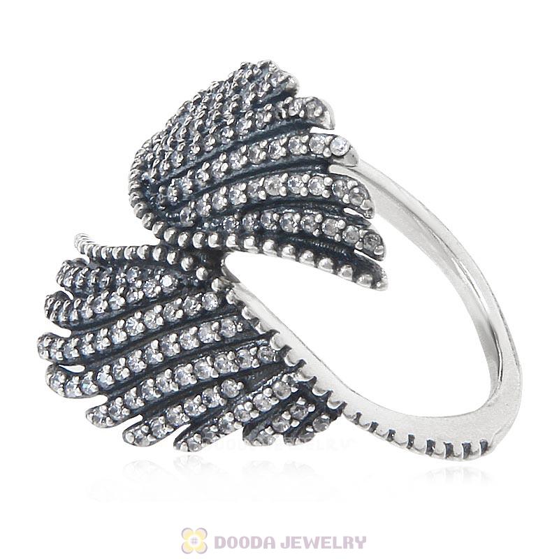 925 Sterling Silver Majestic Feathers Ring with Clear CZ