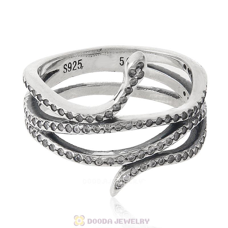 925 Sterling Silver Snake Ring with Clear CZ