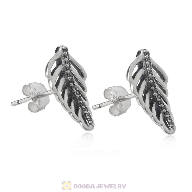 Shimmering Feathers Earrings with Clear CZ 925 Sterling Silver