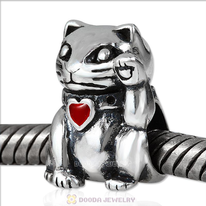 Antique Sterling Silver Lucky Cat with Red Heart Enamel Charm Wholesale