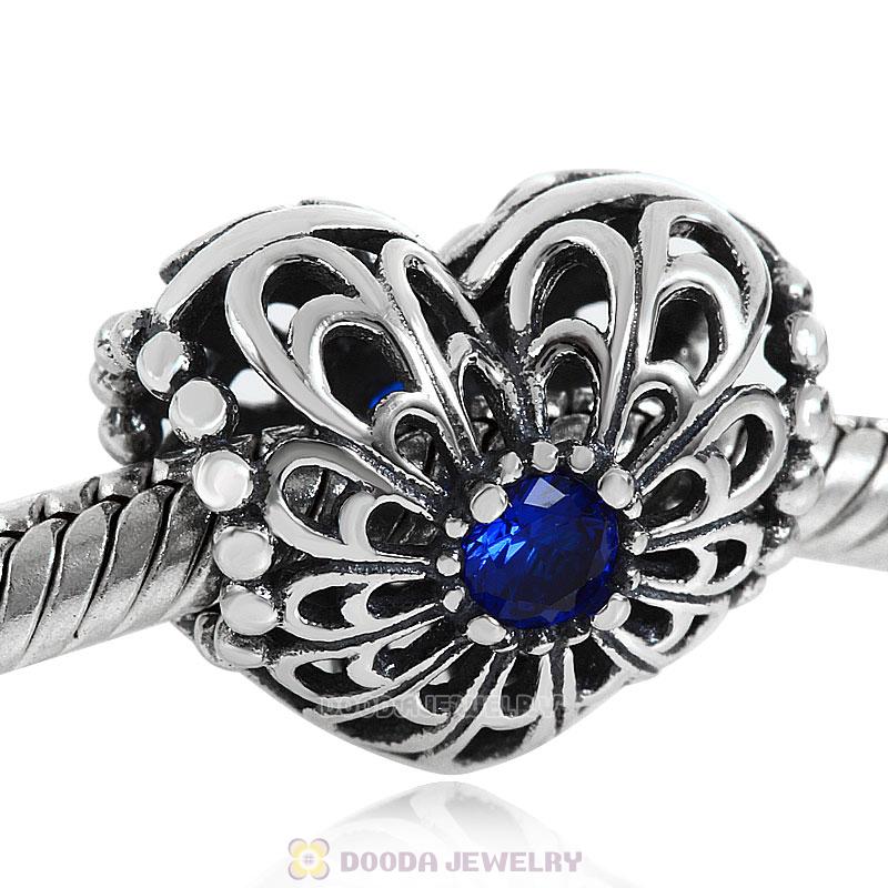 Open Heart Charm Bead with Blue CZ