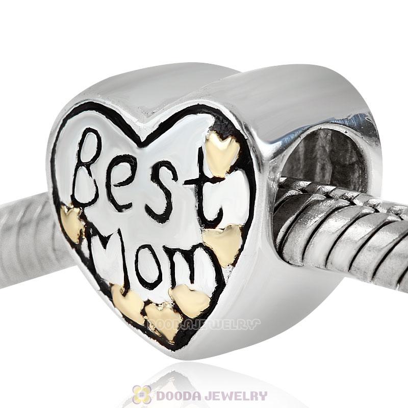 925 Sterling Silver Gold Plated Love Best Mom Heart Bead