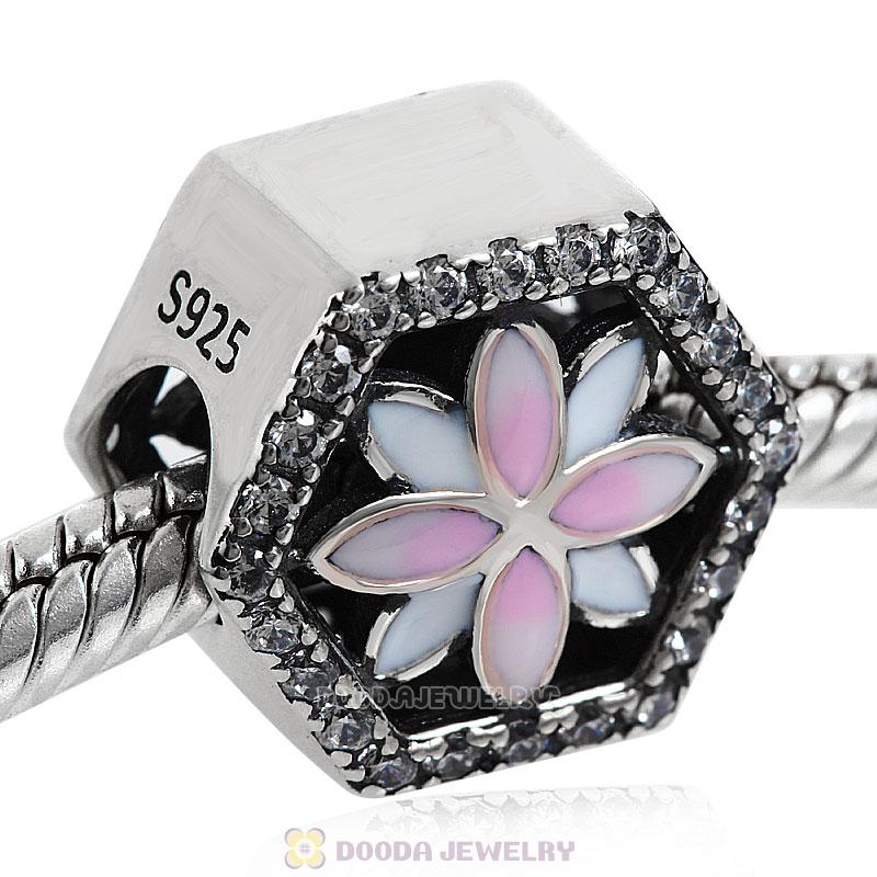 Pink Enamel Flower Charm Bead with Clear CZ