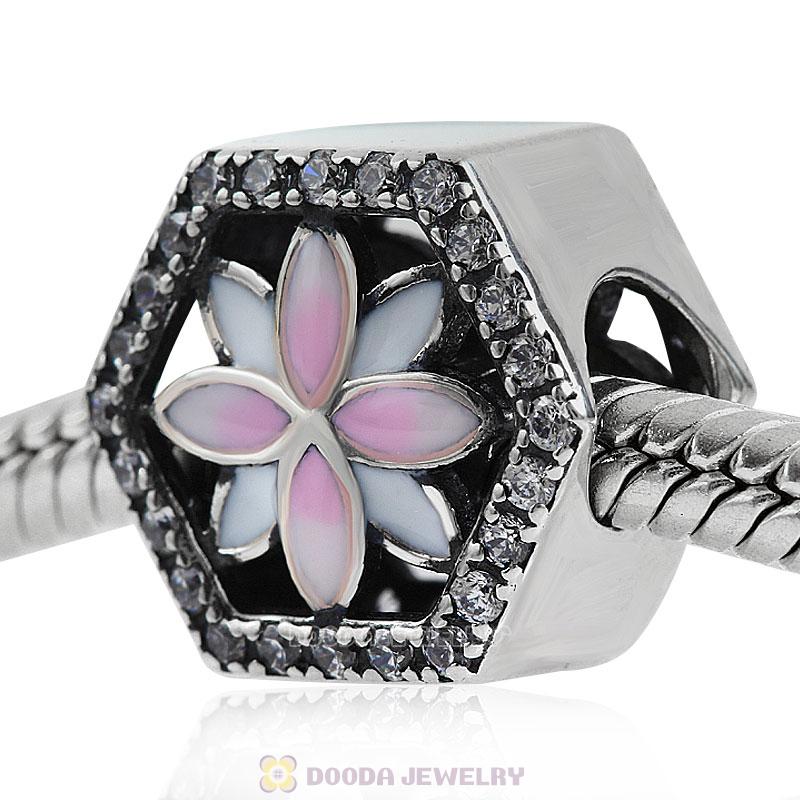 Pink Enamel Flower Charm Bead with Clear CZ