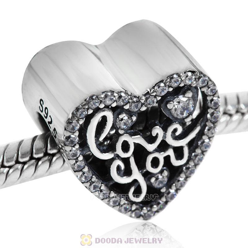 Love You Heart Charm Beads Clear CZ