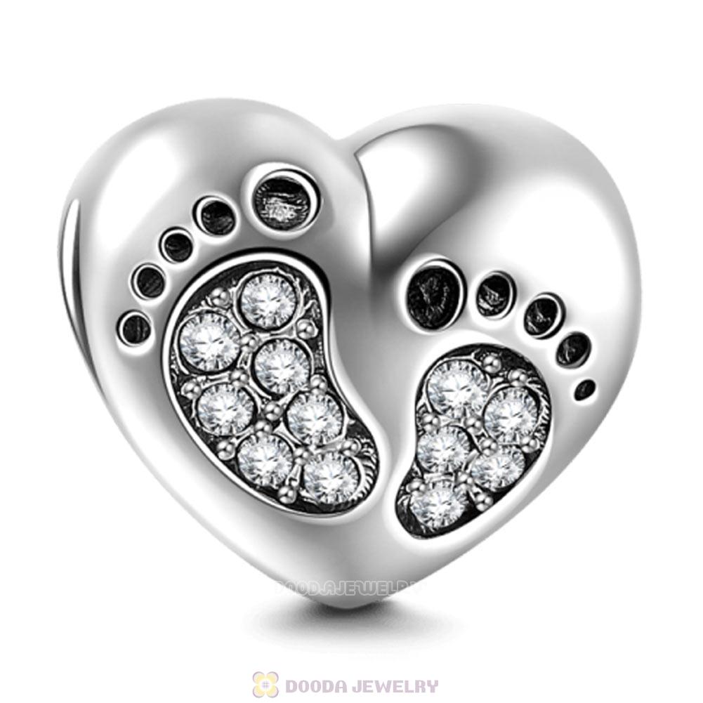 Baby Footprint Heart Charm Clear Crystal