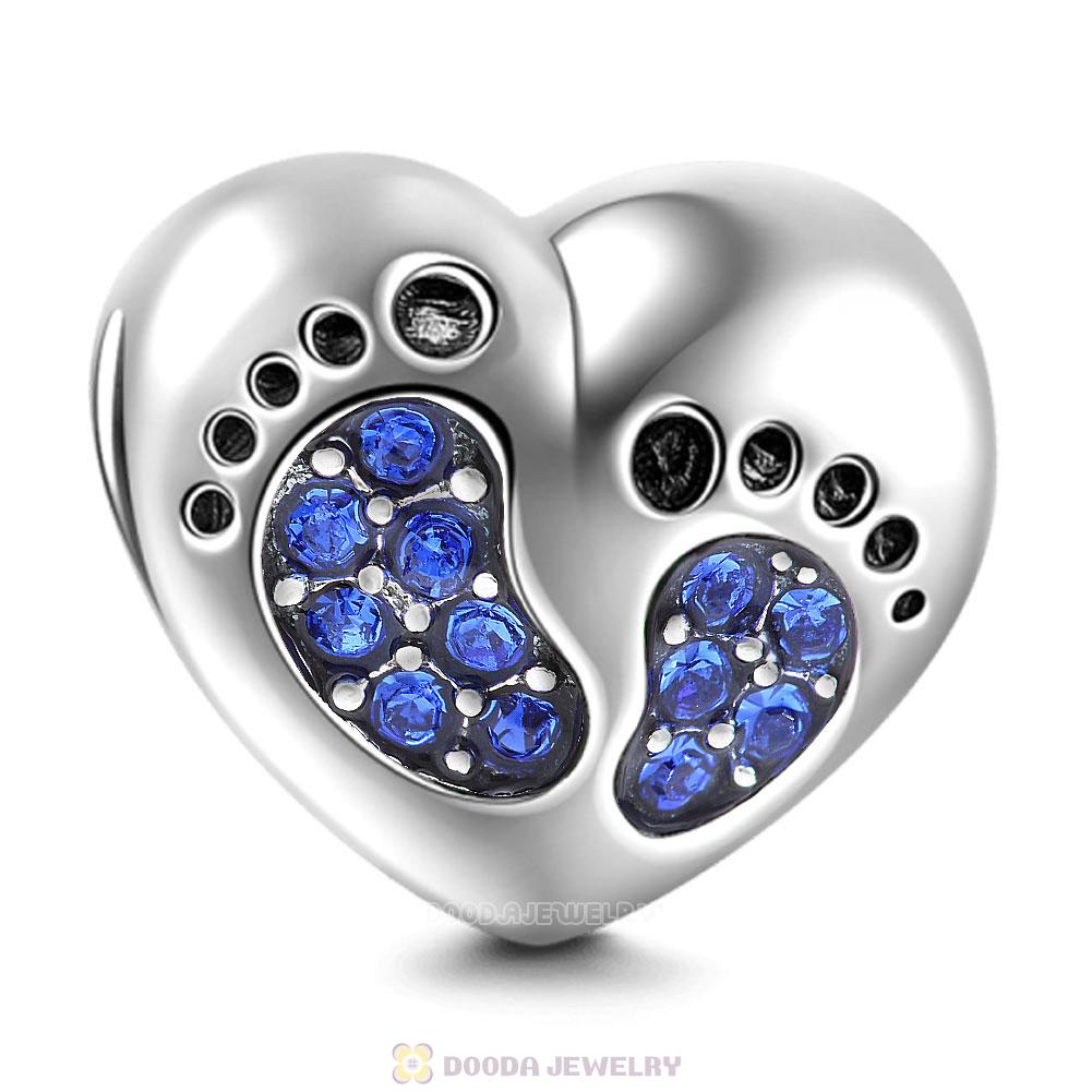 Baby Footprint Heart Charm Sapphire Crystal
