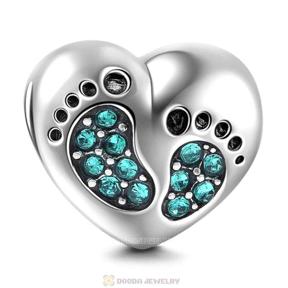 Baby Footprint Heart Charm Blue Zircon Crystal