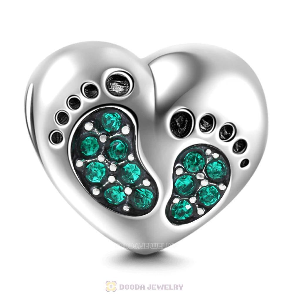 Baby Footprint Heart Charm Emerald Crystal