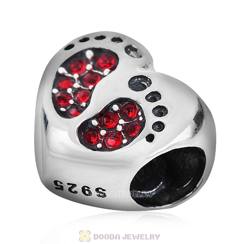 Baby Footprint Heart Charm Red Crystal