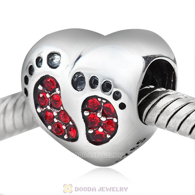 Baby Footprint Heart Charm Red Crystal