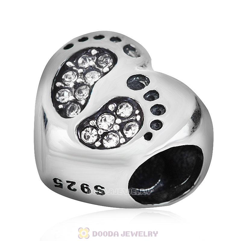 Baby Footprint Heart Charm Clear Crystal